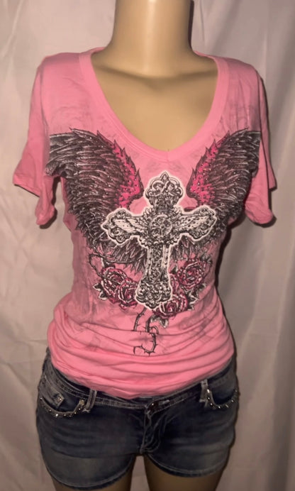 pink wing short sleeve y2k